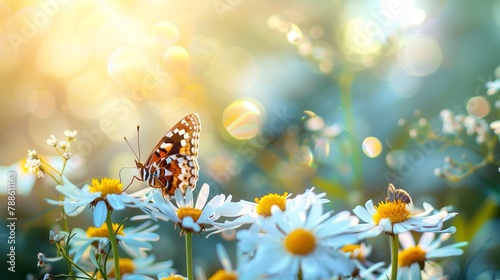 Butterfly on Daisy in Sunlit Floral Scene