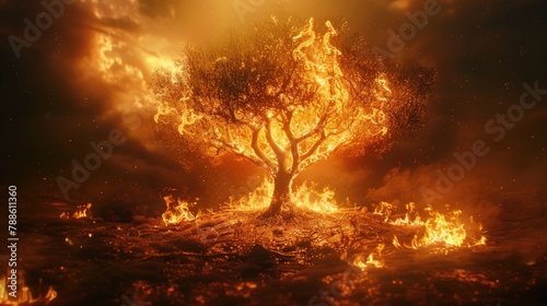 The Burning Bush: A Powerful Religious Symbol with Copy Space in Front of Natural Fire Background to Represent God's Testament