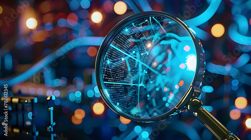 A magnifying glass inspecting network components, symbolizing the investigation of network problems