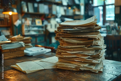 Paper documents scattered on a desk photo