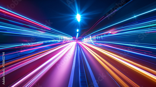 trails on the road, High speed light trails in motion, glow lines, Colorful light trails with motion effect. Car high speed light lines, dynamic and high speed, Panoramic high speed technology, Ai 