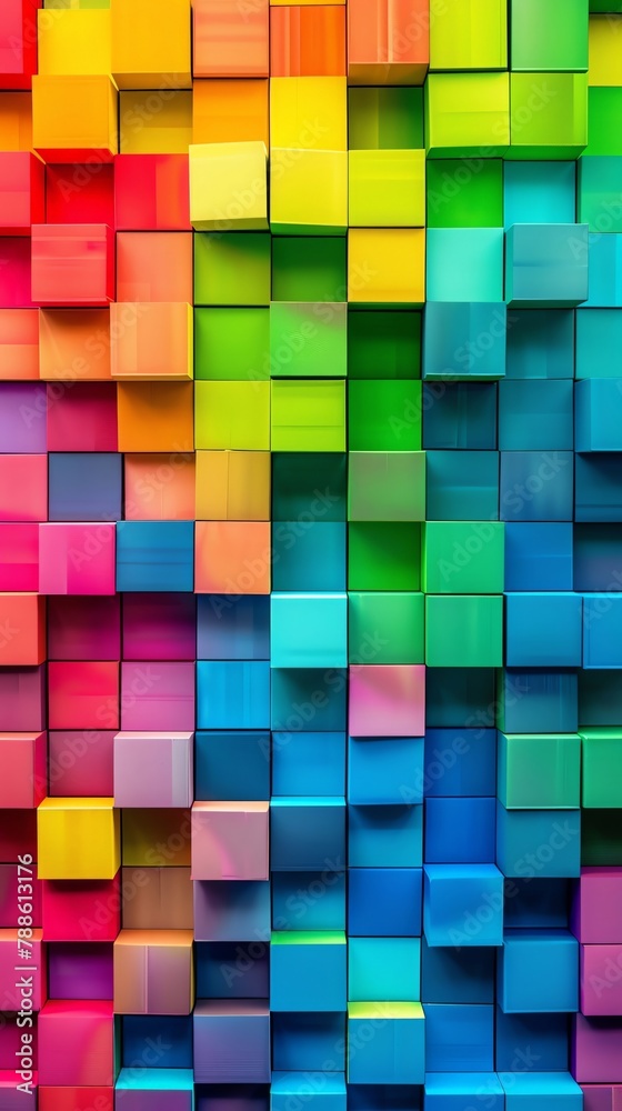 A colorful background with cubes in various rainbow colors, creating an abstract and vibrant pattern The image is a high resolution photograph of a wall covered entirely by the cube design, with each