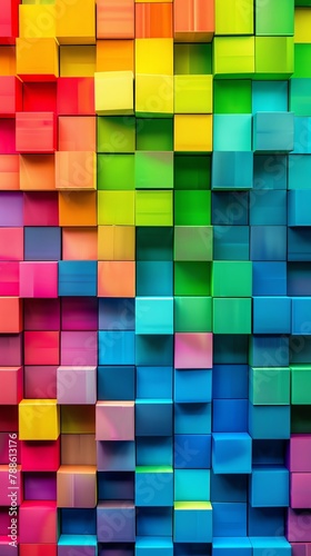 A colorful background with cubes in various rainbow colors, creating an abstract and vibrant pattern The image is a high resolution photograph of a wall covered entirely by the cube design, with each