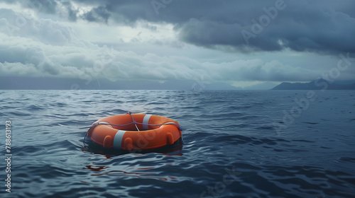 orange buoy in the sea, life buoy on the sea, Life buoy or rescue buoy floating on sea to rescue people from drowning man, Lifebuoy floating at sea, Lifebuoy in a stormy blue sea, Ai generated