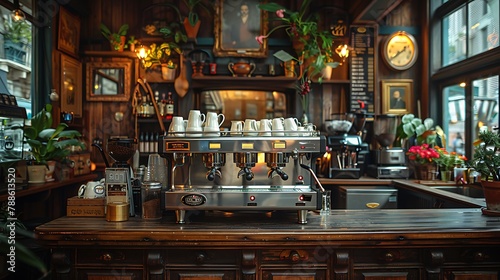 Nestled within the heart of a quaint cafe, an espresso machine hisses softly as it prepares a velvety brew.  photo