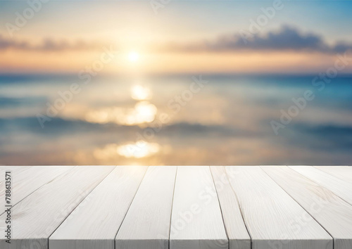 Wood table top on blur sparkling sea water and summer sky background morning