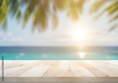 Wood table top on blur sparkling sea water and summer sky background morning