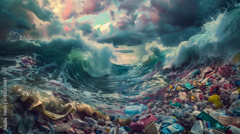 Polluted ocean waves with plastic waste and dramatic sky. Environmental crisis and pollution theme for global action. Artistic representation suitable for design in environmental campaigns, posters.