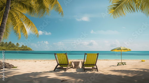 Deux transat verts sur une plage paradisiaque. Sable fin  eau bleu turquoise  palmier  ciel bleu.   le  vacances    t    voyage. Pour conception et cr  ation graphique. 