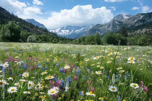 Alpine meadow, wildflowers, mountain backdrop, biodiversity hotspot photo