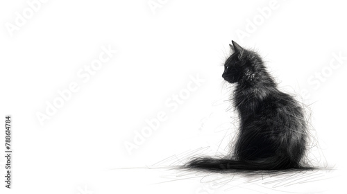 Abstract black and white pencil drawing of an elegant cat sitting on the floor isolated on a white background.