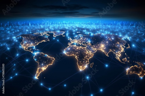 A world where glowing lines symbolize global connectivity to educational resources and platforms via the Internet. The role of technology in providing access to education to people around the world. #788615300