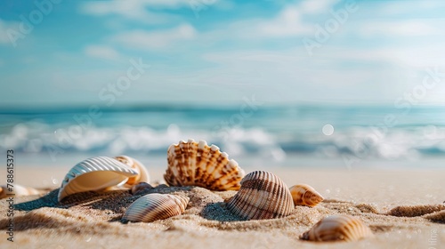 variety of seashells scattered on a sandy beach, a serene scene that captures the essence of the ocean