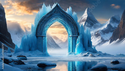 Portal to mystical ice kingdom. Frozen gateway. Beautiful landscape. Winter scenery.