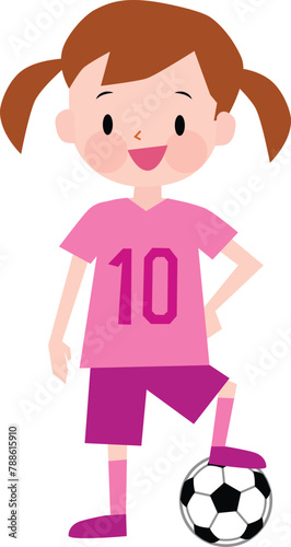 Illustration of a girl wearing pink jerseys with a soccer ball. Vector Illustration. Simple, flat, cute.