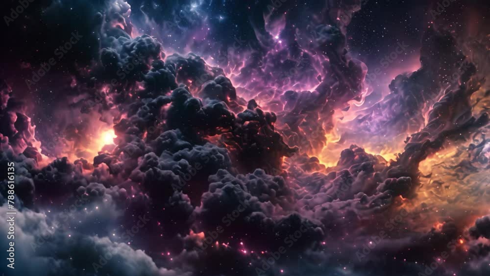 The photograph captures a vibrant sky filled with dense clouds and sparkling stars, creating a dramatic scene, Indigo and pink tones merging in a galactic cloud formation The photograph captures a vibrant sky filled with dense clouds and sparkling stars, creating a dramatic scene, Indigo and pink tones merging in a galactic cloud formation