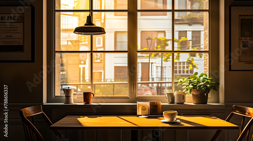 Minimalist cafe interior with tables and chairs near the window. Concept of dining, breakfast, brunch, or lunch in modern restaurant