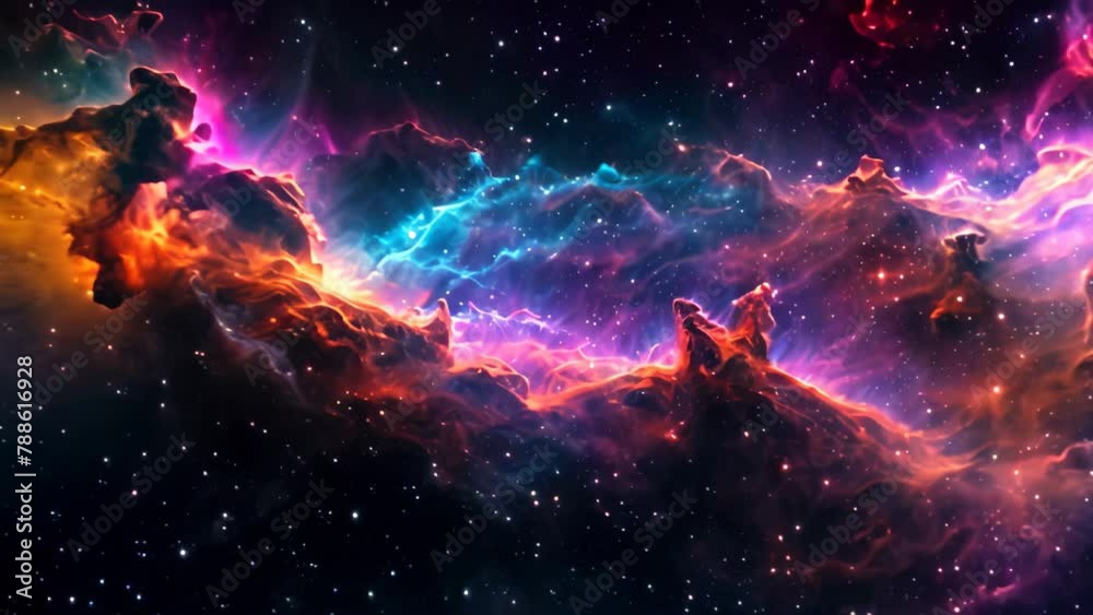 Colorful Space With Stars Illuminating Nebula Clouds, Interstellar cloud nebula featuring a cascade of rainbow hues Colorful Space With Stars Illuminating Nebula Clouds, Interstellar cloud nebula featuring a cascade of rainbow hues