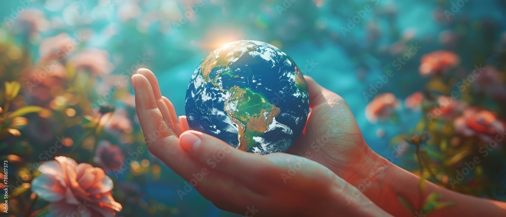 Craft a digital photorealistic image depicting two hands gently holding a tiny Earth on a strikingly vibrant blue backdrop, emphasizing the fragility and importance of our planet - obrazy, fototapety, plakaty 