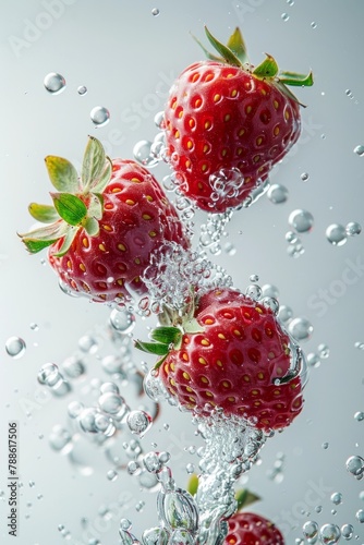 Three ripe strawberries with vibrant green leaves are suspended in crystal-clear sparkling water, with bubbles surrounding them