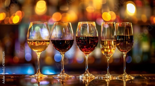 Four elegant wine glasses  each filled with different types of wine  arranged neatly on a bar top. The background showcases a vibrant  blurred ambiance of lights reflecting the nightlife atmosphere.