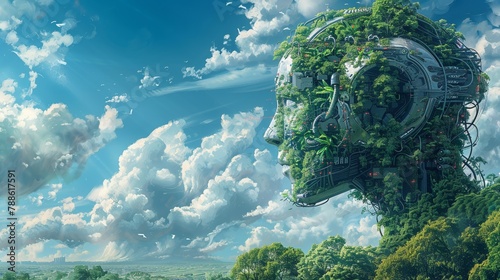 Craft a detailed traditional art piece depicting a side view of an AI entity envisioning a landscape filled with verdant greenery  symbolizing a harmonious blend of technology and environmental consci