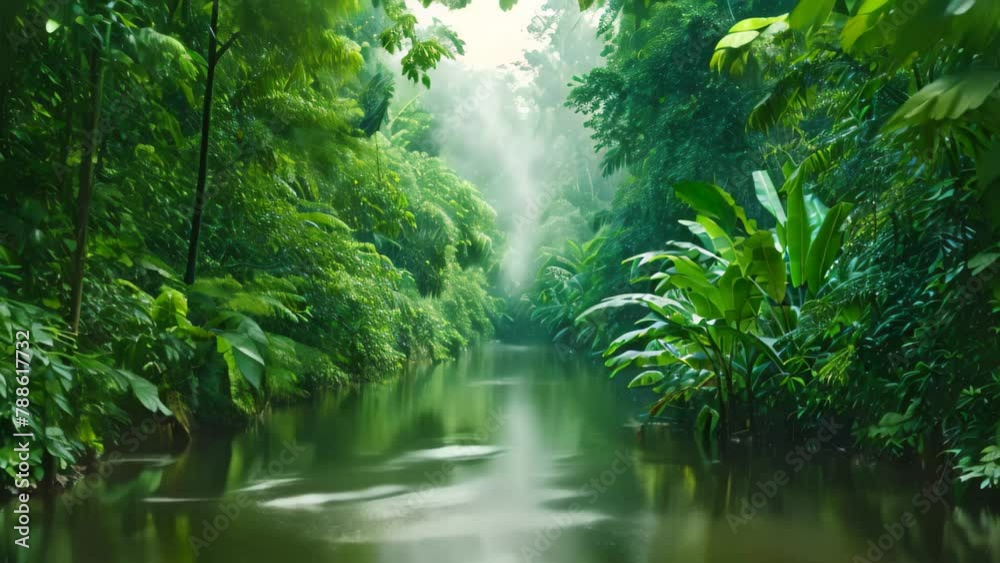 A meandering river cuts through a dense green forest, creating a picturesque landscape, Landscape of a river in the midst of the deep rainforest A meandering river cuts through a dense green forest, creating a picturesque landscape, Landscape of a river in the midst of the deep rainforest