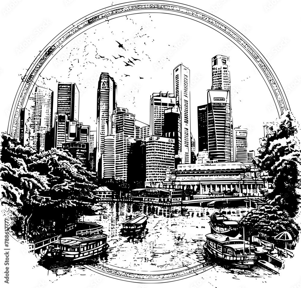 Artistic Black and White Drawing of Downtown Singapore, Emblematic Style