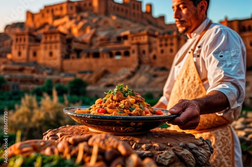 Authentic Moroccan Cuisine: A Chef Presents a Mouthwatering Tagine Amidst the Charming Ambiance of a Typical Moroccan Village Scene.

 photo