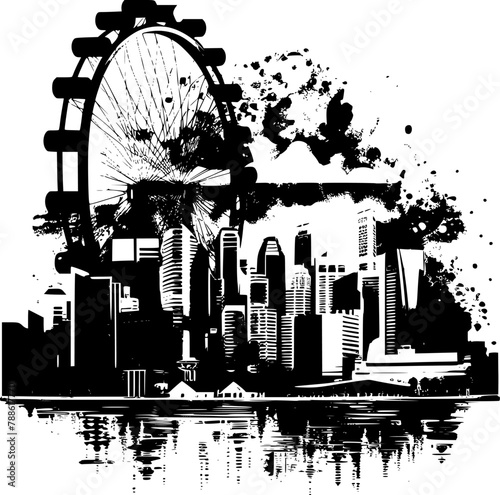 Colorful Vector of Singapore City Skyline, Popular Landmarks