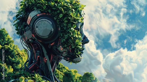 Craft a detailed traditional art piece depicting a side view of an AI entity envisioning a landscape filled with verdant greenery, symbolizing a harmonious blend of technology and environmental consci