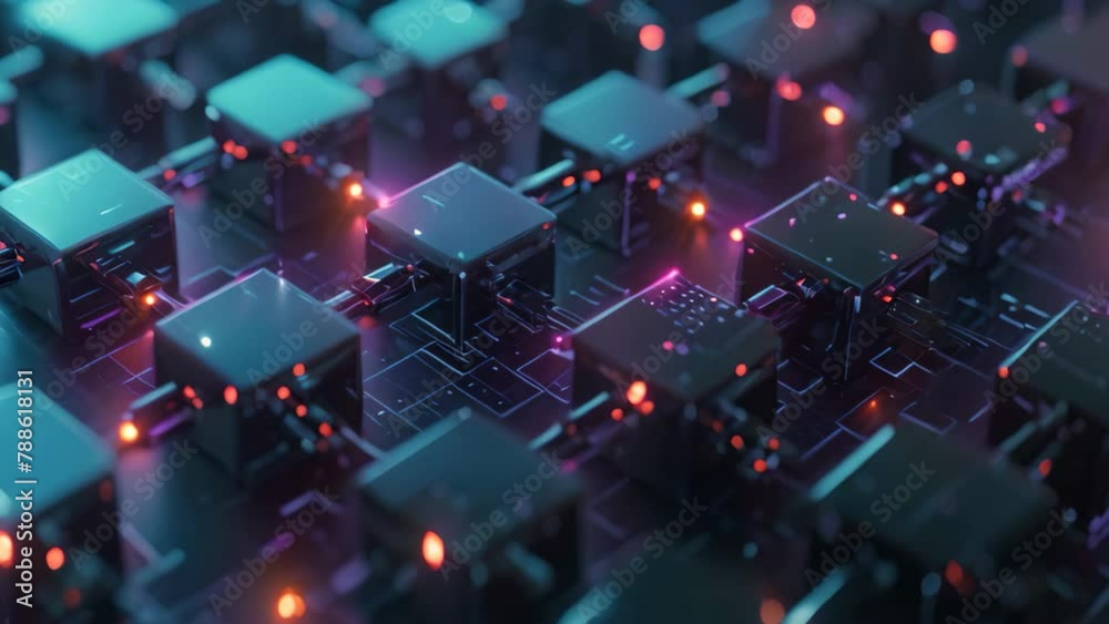 A computer generated Video featuring a series of cubes arranged in a precise and geometric pattern, Layers of horizontal blocks illustrating the blockchain protocol