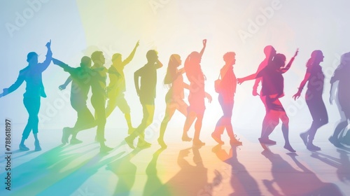 Vibrant illustration of silhouetted dancers joyfully celebrating, depicted in various dynamic poses with colorful paint splashes in the background.