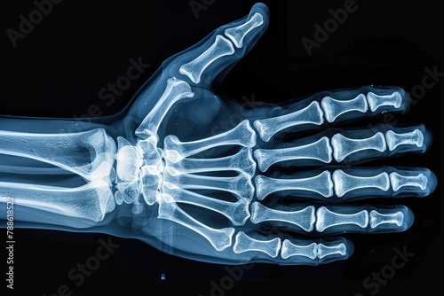 Human adult female right hand bones x-ray image. Medical and anatomy radiography or imagery photo