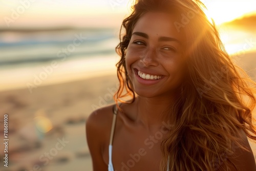 Modern woman, laughing candidly, beachwear, flowing hair, sandy beach backdrop, golden sunlight,