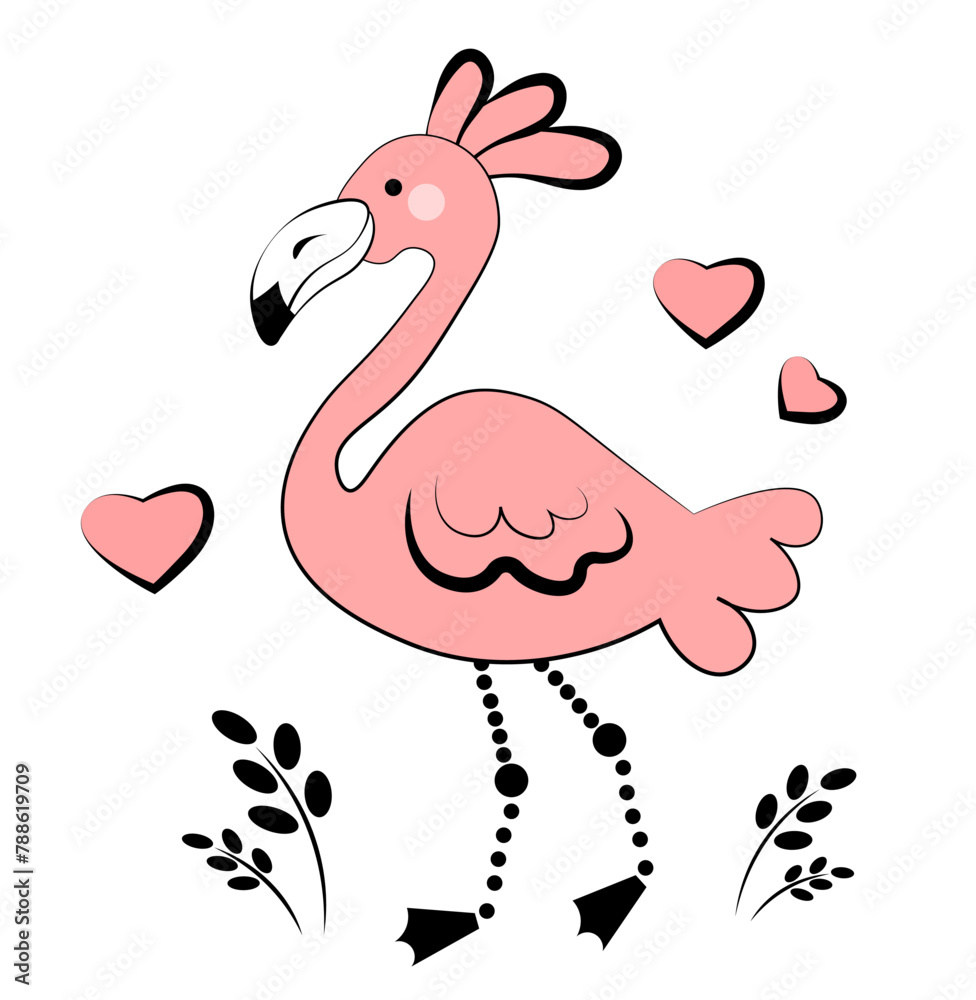 Pink flamingo on white background. Doodle