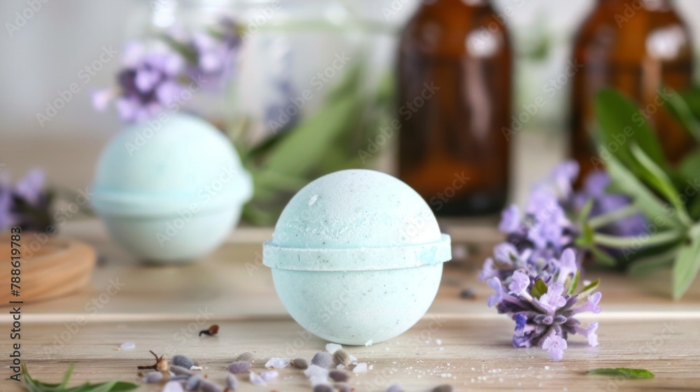 Pastel Blue Bath Bomb on Wooden Surface With Lavender