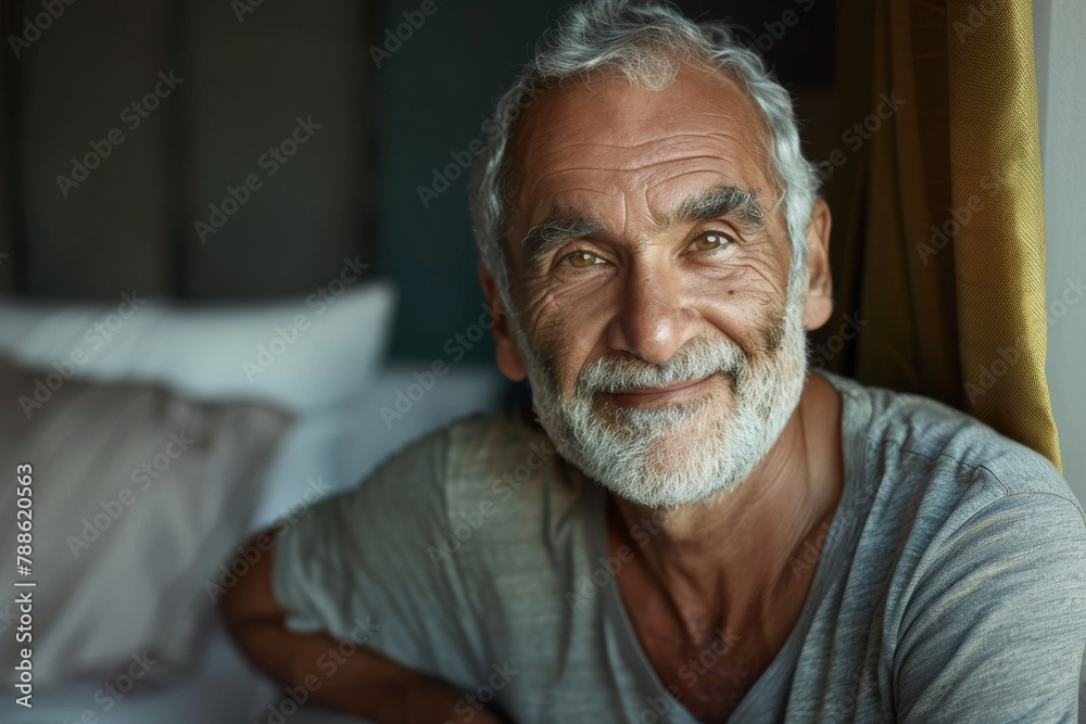 A man with gray hair and a beard smiles for the camera A man with gray hair and a beard smiles for the camera