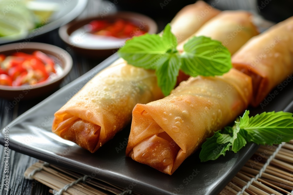 Savor the flavors of Asia with the crunch of spring rolls served piping hot. in the plate on the table