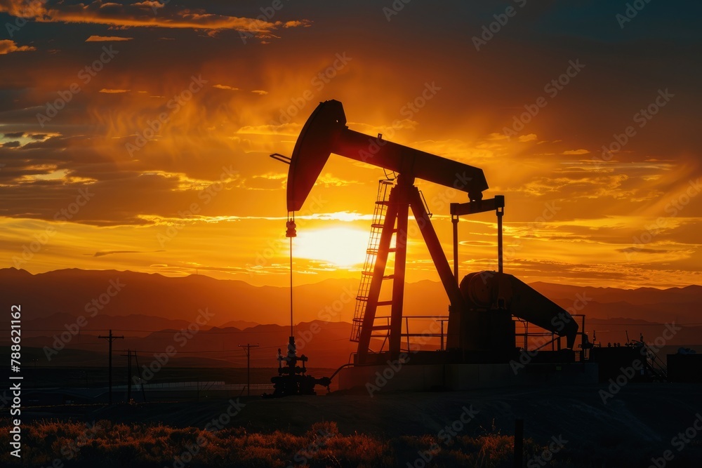 A silhouette of an industrial oil rig at sunset, extracting fossil fuel