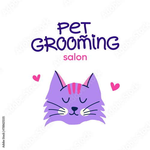 Pet grooming. Cute purple cat in flat style. Vector logo design with handwritten typography for branding, banner, poster, postcard © me.di