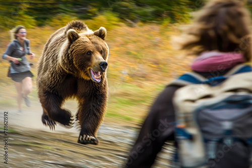 A brown bear suddenly appears on a hiking trail, where unsuspecting people are present, posing a perilous situation for the unaware tourists. Generative AI.