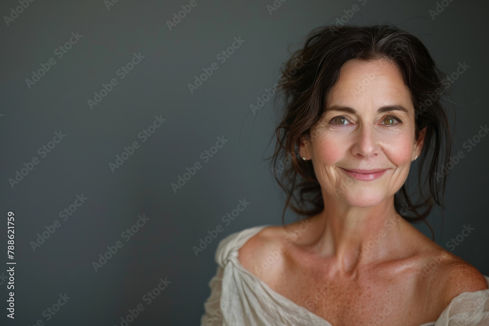 A woman with a gray background is smiling for the camera A woman with a gray background is smiling for the camera