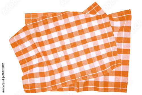 Closeup of a orange and white checkered napkin or tablecloth texture isolated on white background. Kitchen accessories. Top view.
