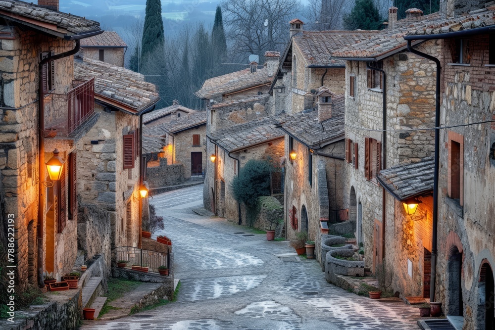 Dusk view of an ancient Italian village with cobblestone streets and lit street lamps
