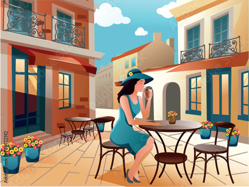 Vector illustration of the old year. Young woman drinks coffee.