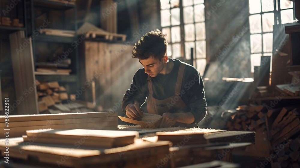 Young carpenter sanding wood piece in workshop in furniture factory Young carpenter sanding wood piece in workshop in furniture factory