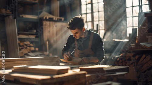 Young carpenter sanding wood piece in workshop in furniture factory