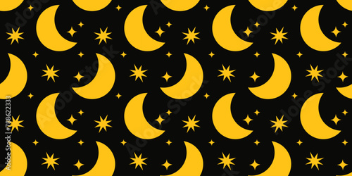 Vintage pattern with crescent and stars on a black background, magic background. Design for wallpaper, bedroom, wrapping paper, textile, etc. Vector illustration