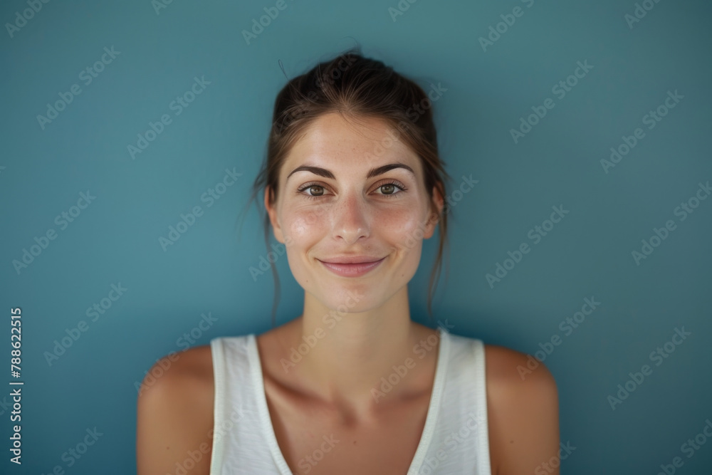 A woman in a white tank top smiles in front of a blue wall A woman in a white tank top smiles in front of a blue wall